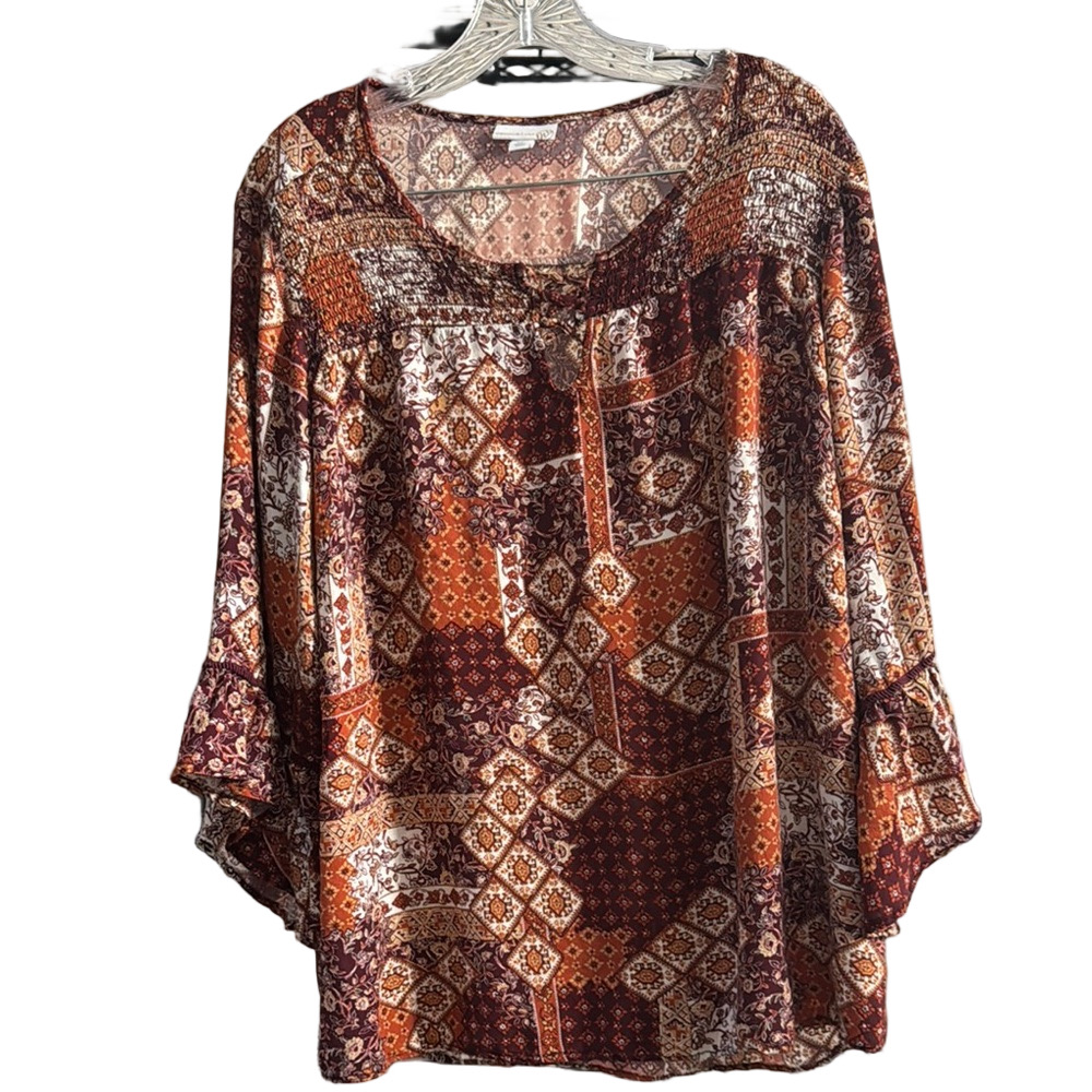 Bohemian Patchwork Blouse - Burgundy, Orange, Cream
